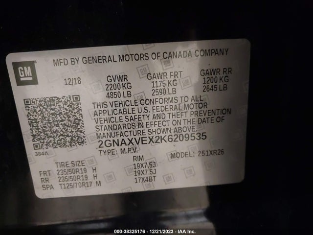 Chevrolet EQUINOX LT 2019 2GNAXVEX2K6209535 Image 9