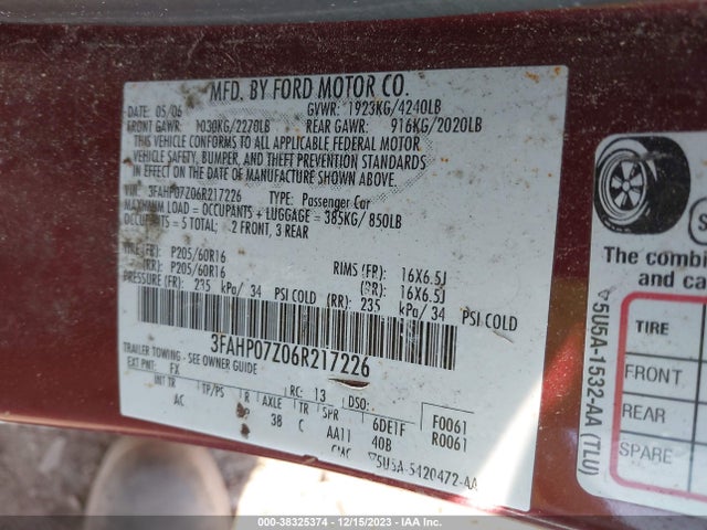 2006 FORD FUSION SE VIN: 3FAHP07Z06R217226