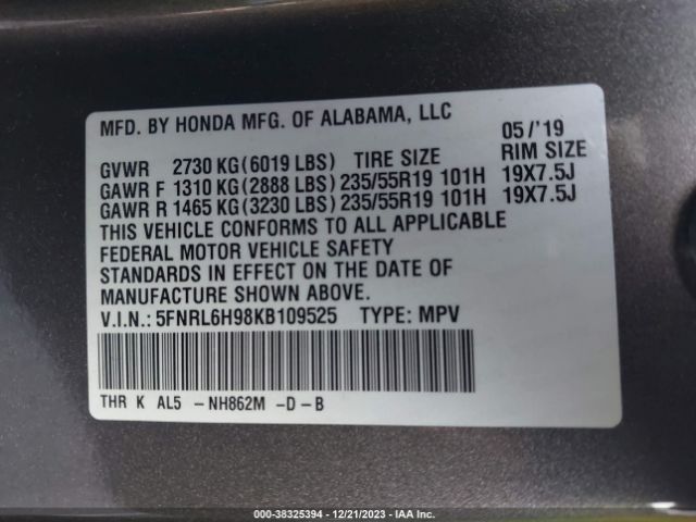 5FNRL6H98KB109525 Honda Odyssey Elite