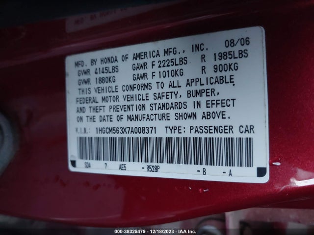 2007 HONDA ACCORD 2.4 SE VIN: 1HGCM563X7A008371
