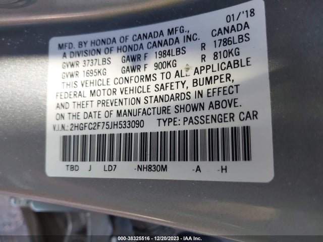 Aukcja sprzedaży 2018 Honda Civic Ex, vin: 2HGFC2F75JH533090, numer aukcji: 38325516