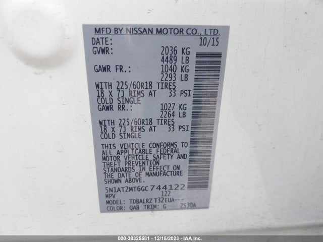 2016 NISSAN ROGUE SL VIN: 5N1AT2MT6GC744122