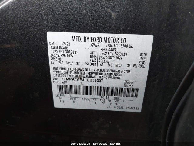 2020 FORD EDGE ST VIN: 2FMPK4AP4LBB59307