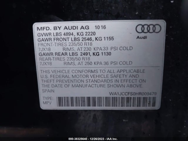 2017 AUDI Q3 2.0T PREMIUM VIN: WA1JCCFS0HR009479