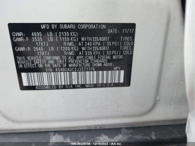 2018 SUBARU OUTBACK 2.5I PREMIUM VIN: 4S4BSADC0J3271116