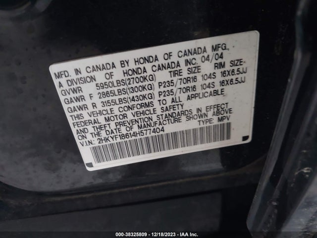 2004 HONDA PILOT EX-L VIN: 2HKYF18614H577404