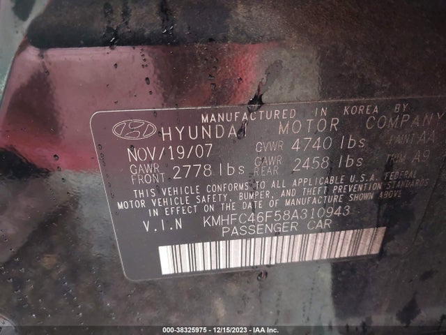 2008 HYUNDAI AZERA LIMITED VIN: KMHFC46F58A310943