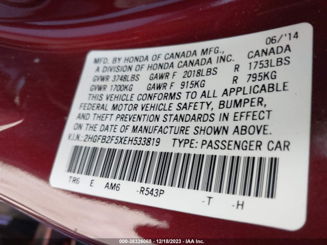Honda Civic Lx 2014 2HGFB2F5XEH533819 Image 9