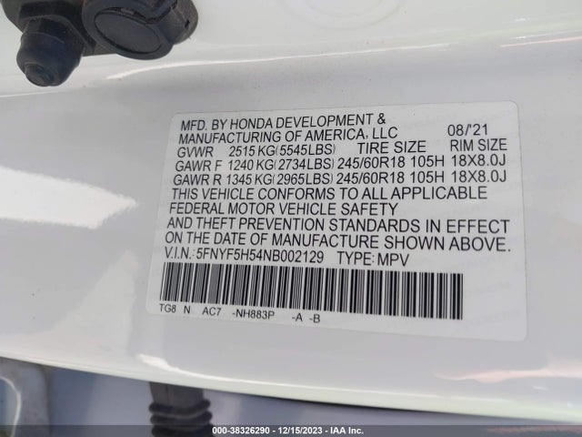 Продажа на аукционе авто 2022 Honda Pilot 2wd Ex-l, vin: 5FNYF5H54NB002129, номер лота: 38326290