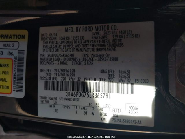3FA6P0G75ER365781 Ford FUSION S