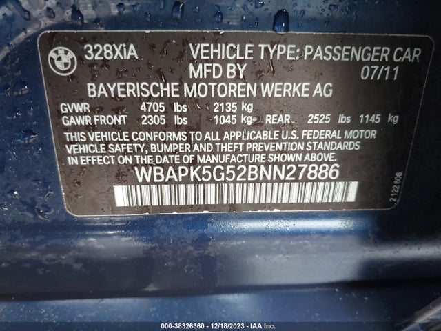 2011 BMW 328I XDRIVE VIN: WBAPK5G52BNN27886