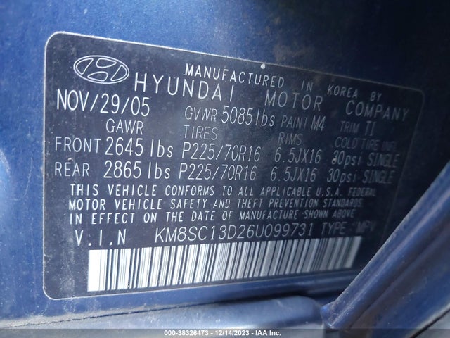 2006 HYUNDAI SANTA FE GLS VIN: KM8SC13D26U099731