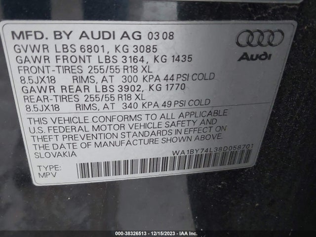 2008 AUDI Q7 3.6 PREMIUM VIN: WA1BY74L38D058701