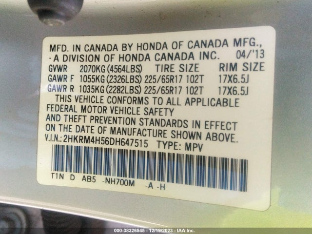 2013 HONDA CR-V EX VIN: 2HKRM4H56DH647515