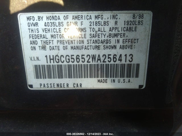 1998 HONDA ACCORD EX VIN: 1HGCG5652WA256413
