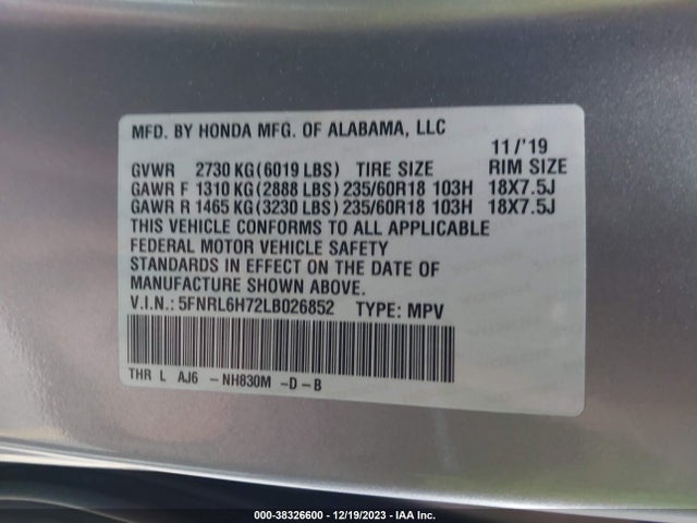 Honda Odyssey Ex-l/ex-l W/navi   Res 2020 5FNRL6H72LB026852 Image 9