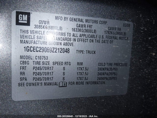 2009 CHEVROLET SILVERADO 1500 LT VIN: 1GCEC29069Z212048