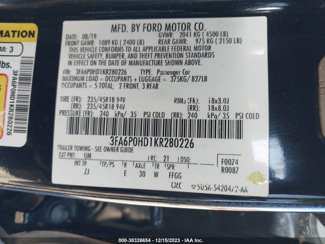 Ford FUSION SE 2019 3FA6P0HD1KR280226 Image 9