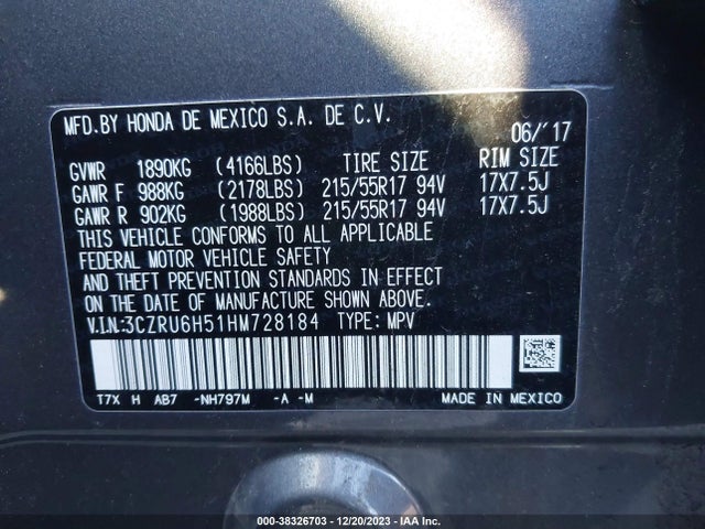 Honda HR-V EX 2017 3CZRU6H51HM728184 Image 9
