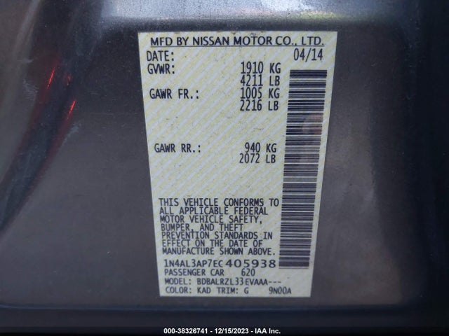 2014 NISSAN ALTIMA 2.5/2.5 S/2.5 SL/2.5 SV VIN: 1N4AL3AP7EC405938