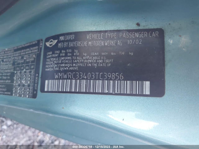 2003 MINI COOPER HARDTOP WMWRC33403TC39856 Photo 8