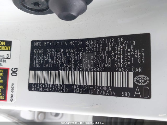 2018 TOYOTA COROLLA LE VIN: 2T1BURHE4JC058931