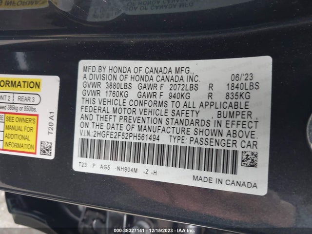 2023 HONDA CIVIC SPORT VIN: 2HGFE2F52PH561494