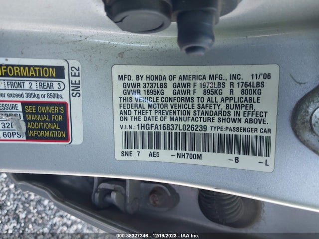 2007 HONDA CIVIC SDN 1HGFA16837L026239 Photo 8