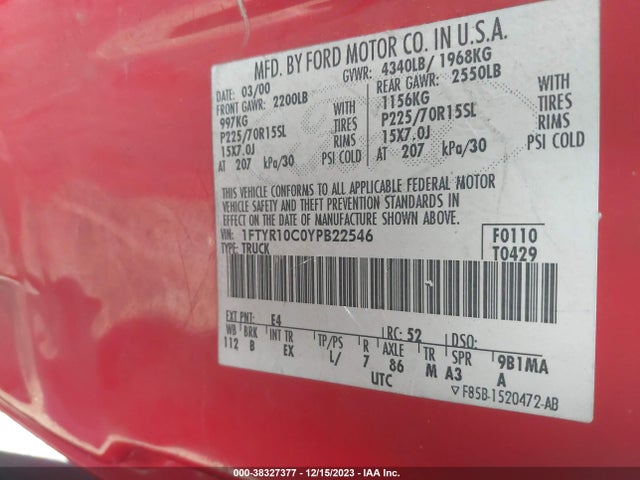 2000 FORD RANGER XL/XLT VIN: 1FTYR10C0YPB22546