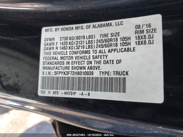 Honda Ridgeline Rtl-e 2017 5FPYK3F72HB010939 Image 9