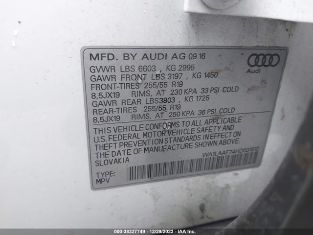 2017 AUDI Q7 3.0T PREMIUM VIN: WA1LAAF74HD031612
