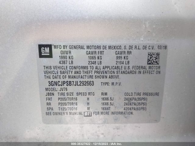 3GNCJPSB7JL292663 Chevrolet Trax Lt