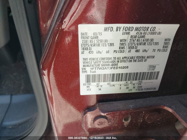 2015 FORD F-250 LARIAT VIN: 1FT7W2AT3FED10205
