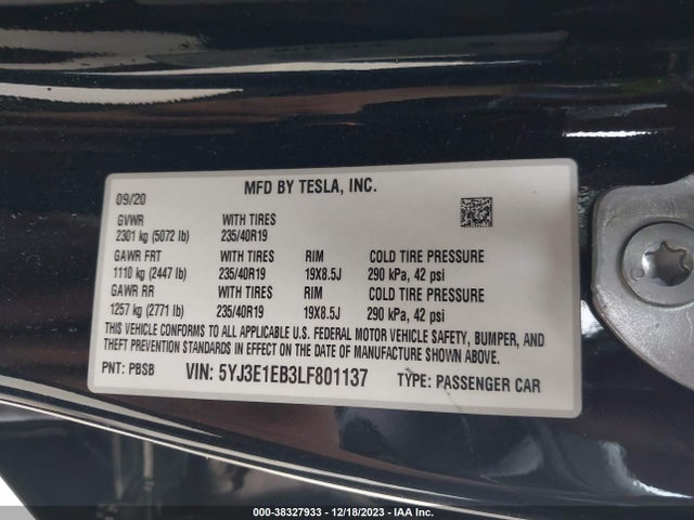 5YJ3E1EB3LF801137 Tesla Model 3 Long Range Dual Motor All-wheel Drive