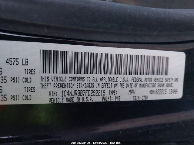 2015 JEEP PATRIOT SPORT VIN: 1C4NJRBB7FD292219