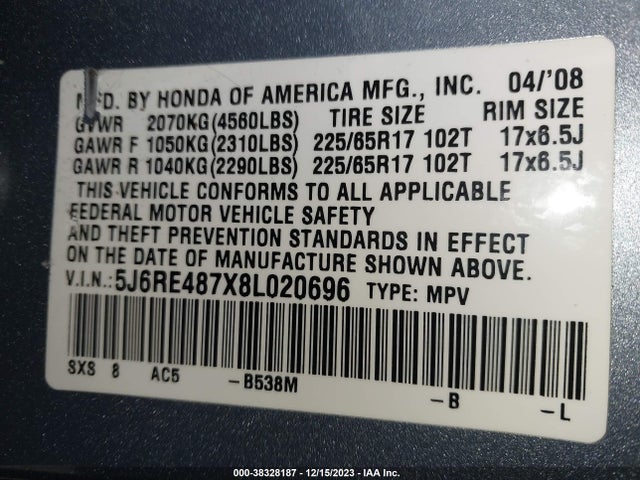 2008 HONDA CR-V EX-L VIN: 5J6RE487X8L020696