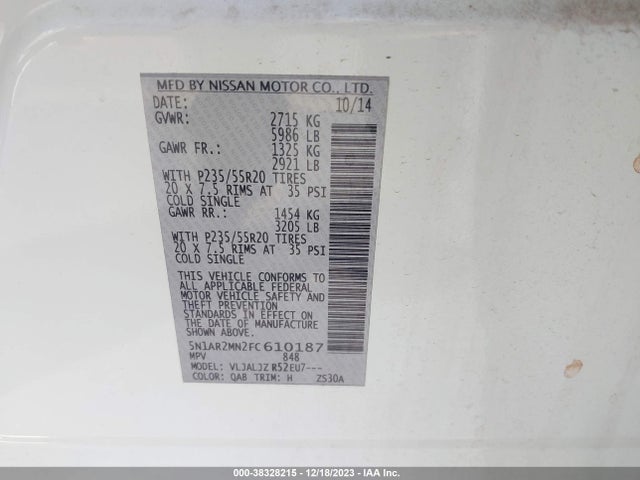 2015 NISSAN PATHFINDER PLATINUM VIN: 5N1AR2MN2FC610187