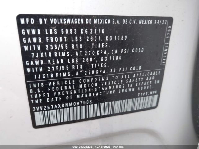 3VV2B7AX8NM097588 Volkswagen Tiguan 2.0t Se
