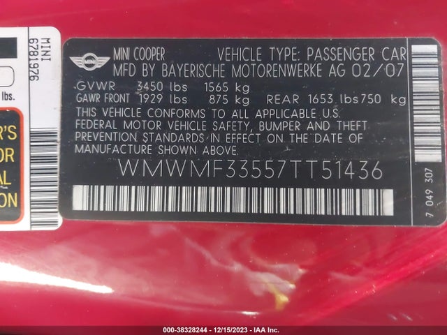 2007 MINI COOPER WMWMF33557TT51436 Photo 8