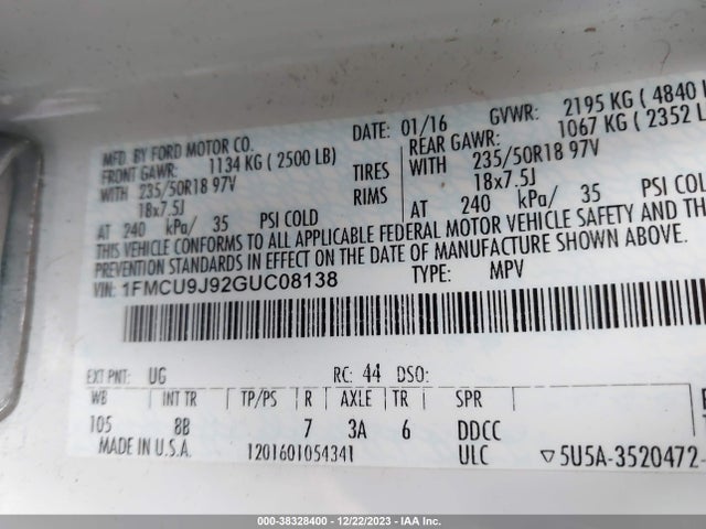 Ford Escape Titanium 2016 1FMCU9J92GUC08138 Image 9