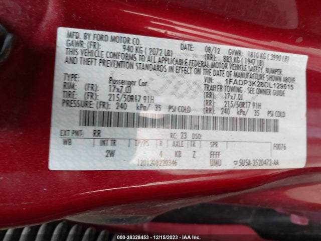 2013 FORD FOCUS SE VIN: 1FADP3K28DL129515