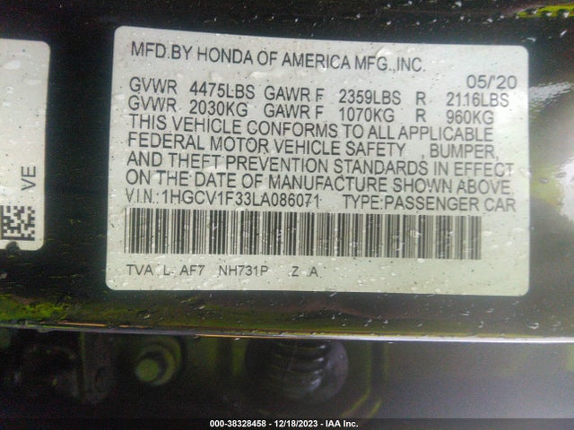 2020 HONDA ACCORD SPORT VIN: 1HGCV1F33LA086071
