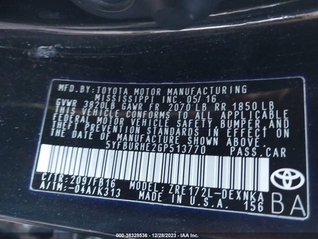 2016 TOYOTA COROLLA LE VIN: 5YFBURHE2GP513770