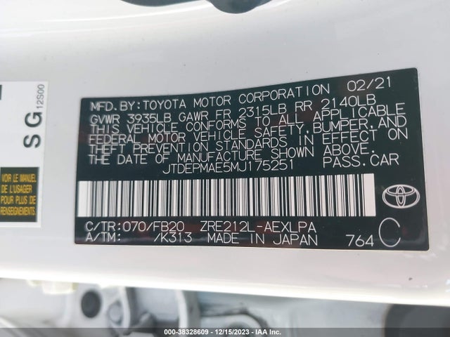 2021 TOYOTA COROLLA LE VIN: JTDEPMAE5MJ175251