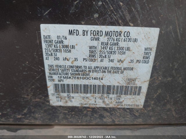 2016 FORD EXPLORER LIMITED VIN: 1FM5K7F81GGC14014