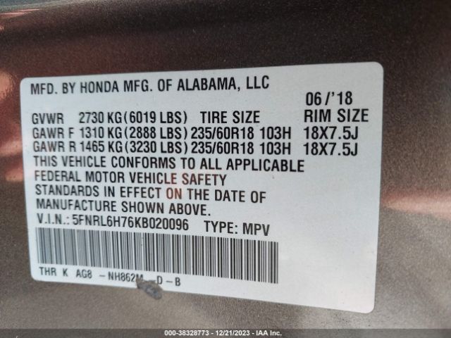 5FNRL6H76KB020096 Honda Odyssey Ex-l