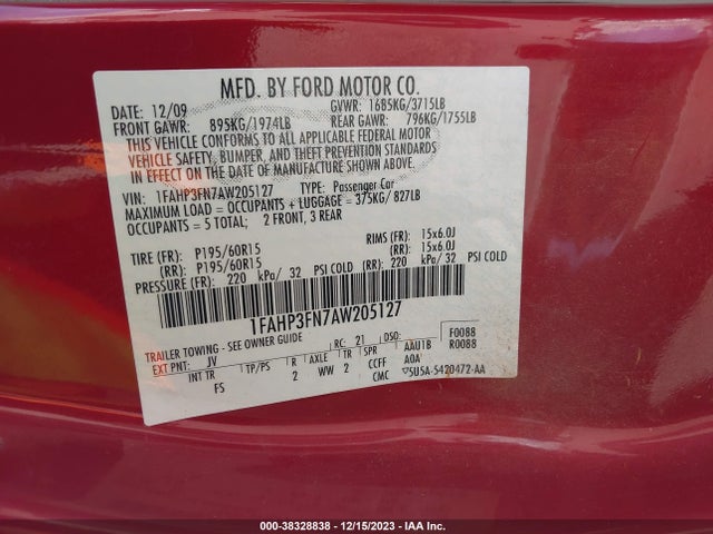 2010 FORD FOCUS SE VIN: 1FAHP3FN7AW205127