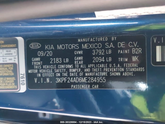 2021 KIA FORTE LXS VIN: 3KPF24AD6ME284955