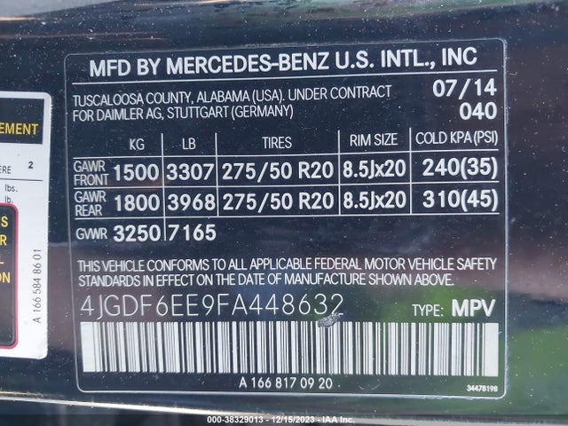 2015 MERCEDES-BENZ GL 450 4MATIC VIN: 4JGDF6EE9FA448632