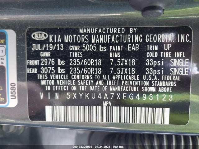 KIA Sorento Ex V6 2014 5XYKU4A7XEG493123 Image 9